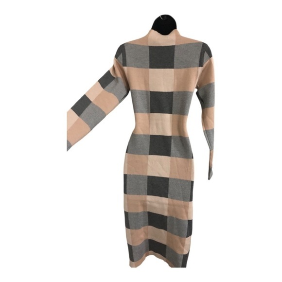 Charcoal grey tan beige checkered mock‎ neck sweater knit dress size large new - Picture 7 of 13